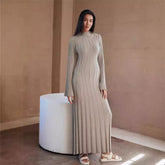 Knitted Dress Casual Waist Tight round Neck Large Pit High Collar Slimming Knitted Maxi Dress for